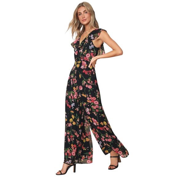 Lulus Pants - Lulus Blooming Love Black Floral Print Jumpsuit Ruffled Chiffon Women's Size S